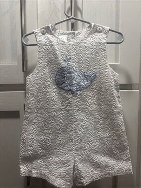 White Seersucker Whale Embroidered Kids One-Piece Romper